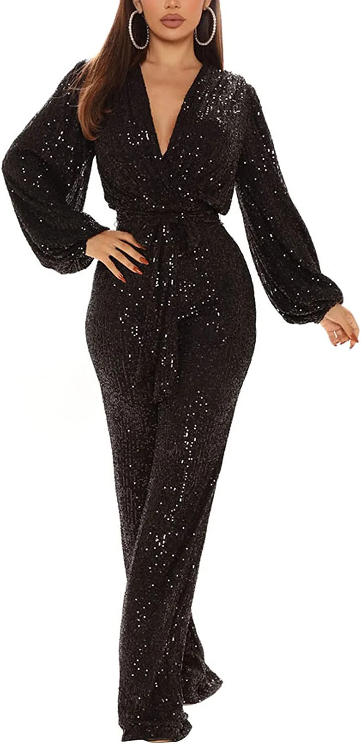 Womens Sexy Lace Jumpsuit See Through Mesh Ruffle Long Sleeve Wide Leg Jumpsuits Clubwear with Be... | Amazon (US)