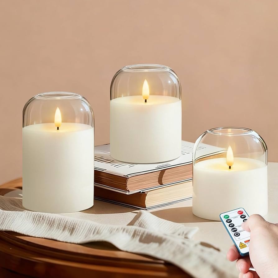 Homemory Glass Flameless Candles, Battery Operated Plliar Candles Realistic Flickering, LED Elect... | Amazon (US)