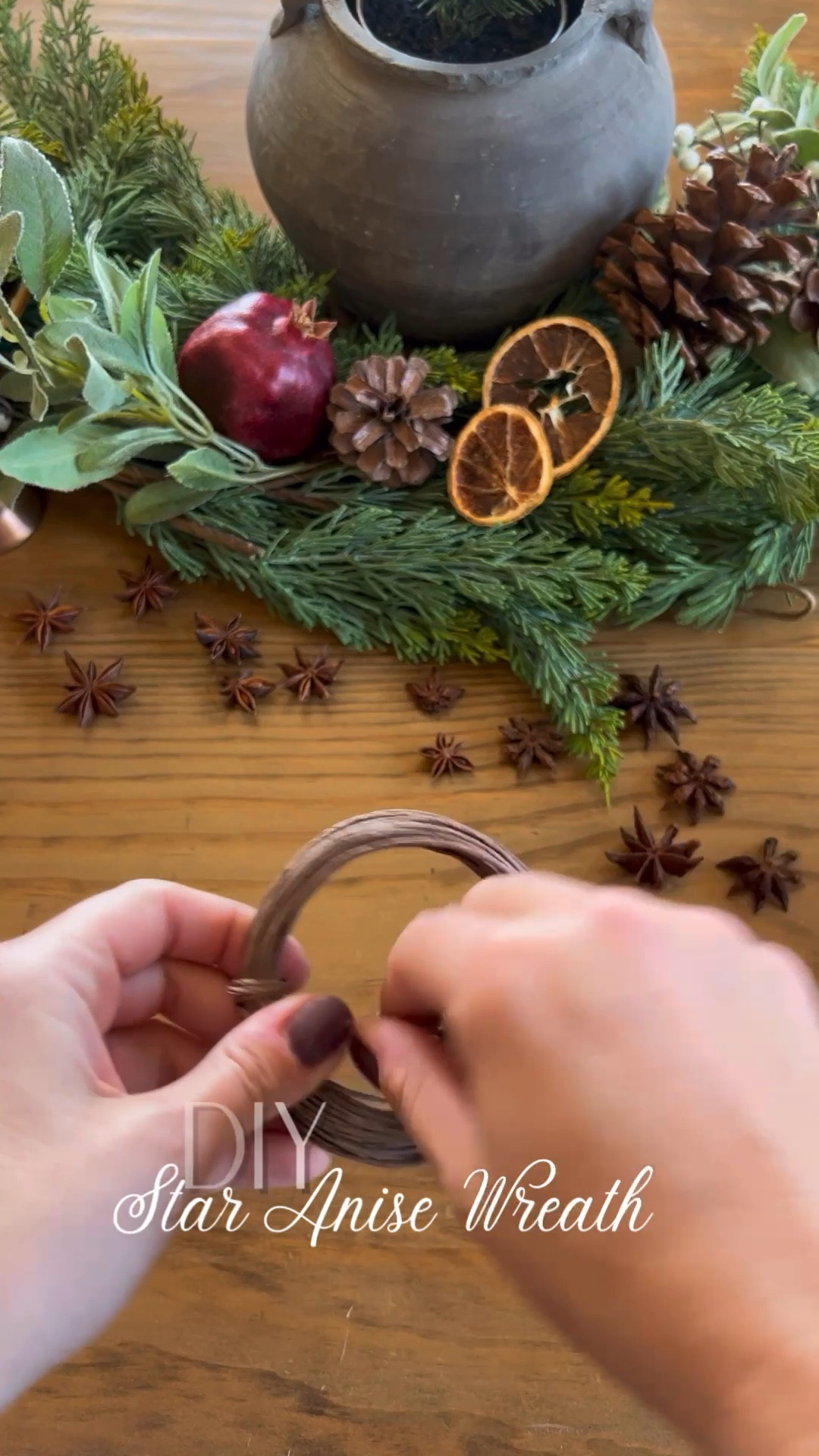 Cut the Floral Wire: Cut a piece of brown floral wire about 10-12 inches long and shape it into a small circle, twisting the ends to secure it.
Attach Star Anise with Hot Glue: Apply a small dot of hot glue to the back of each star anise pod and press it onto the wire circle. Continue around the circle, evenly spacing each star anise for a balanced look.
Finish and Display: Once the glue has dried, trim any excess wire, and your wreath is ready to be displayed! 

#LTKHome #LTKSeasonal #LTKHoliday
