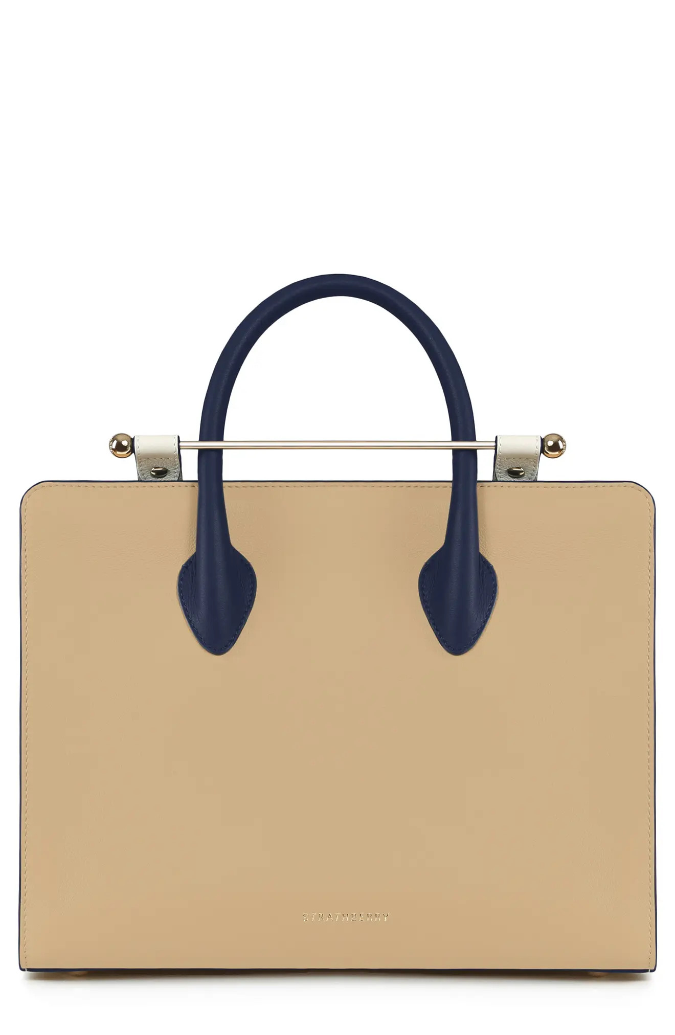 Strathberry Midi Tricolor Leather Tote in Latte/Vanilla/Navy at Nordstrom | Nordstrom
