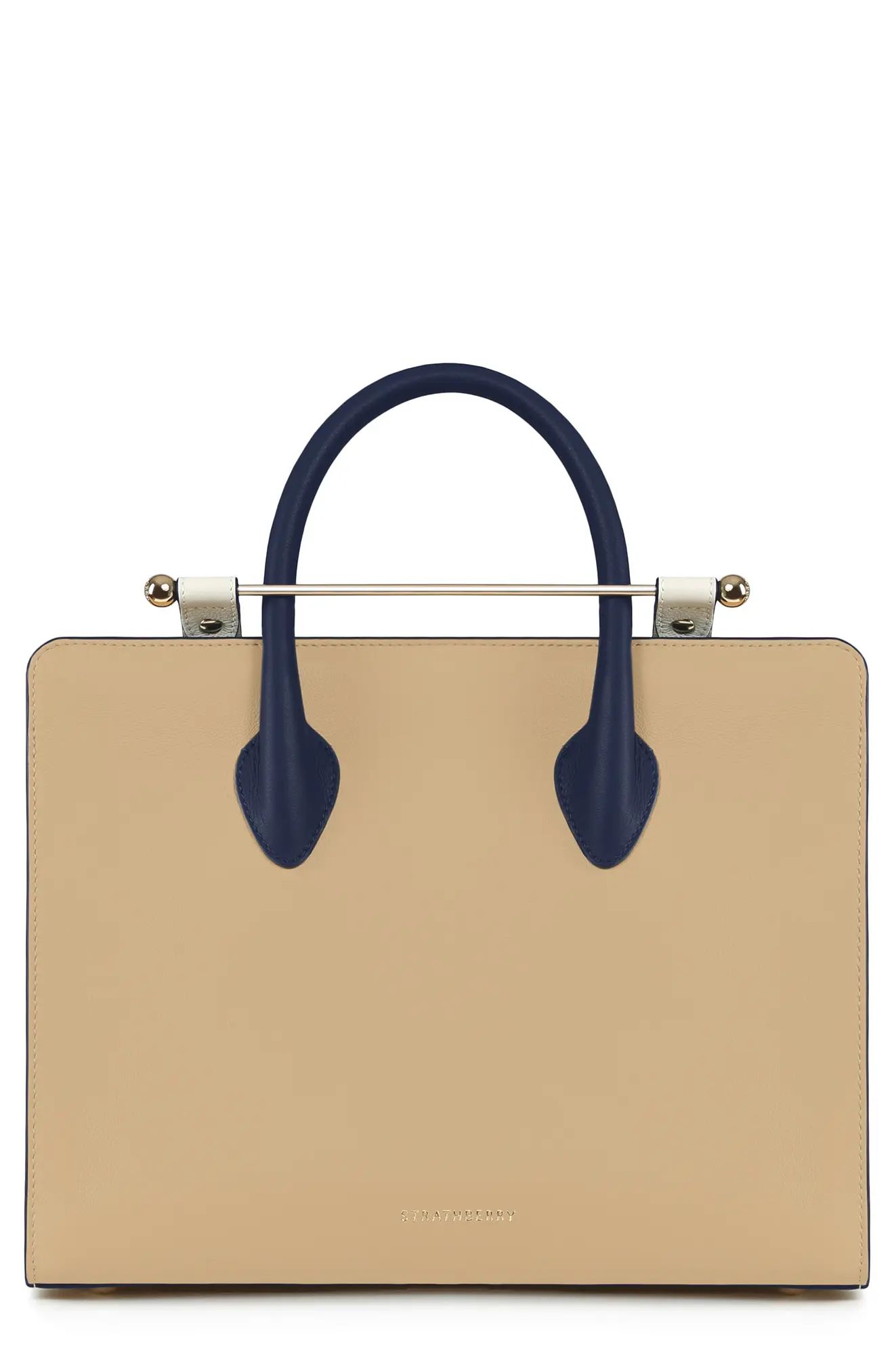 Strathberry Midi Tricolor Leather Tote in Latte/Vanilla/Navy at Nordstrom | Nordstrom