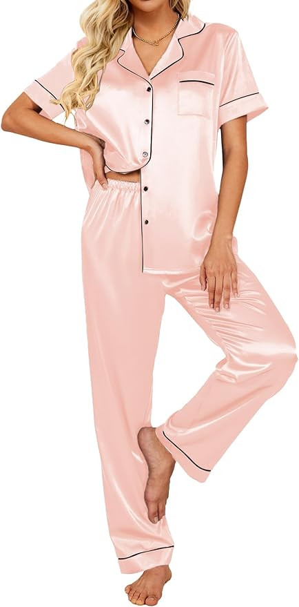 Ekouaer Silk Satin Pajamas Set Women Short Sleeve Sleepwear Soft Button Down Loungewear Pjs Set | Amazon (US)