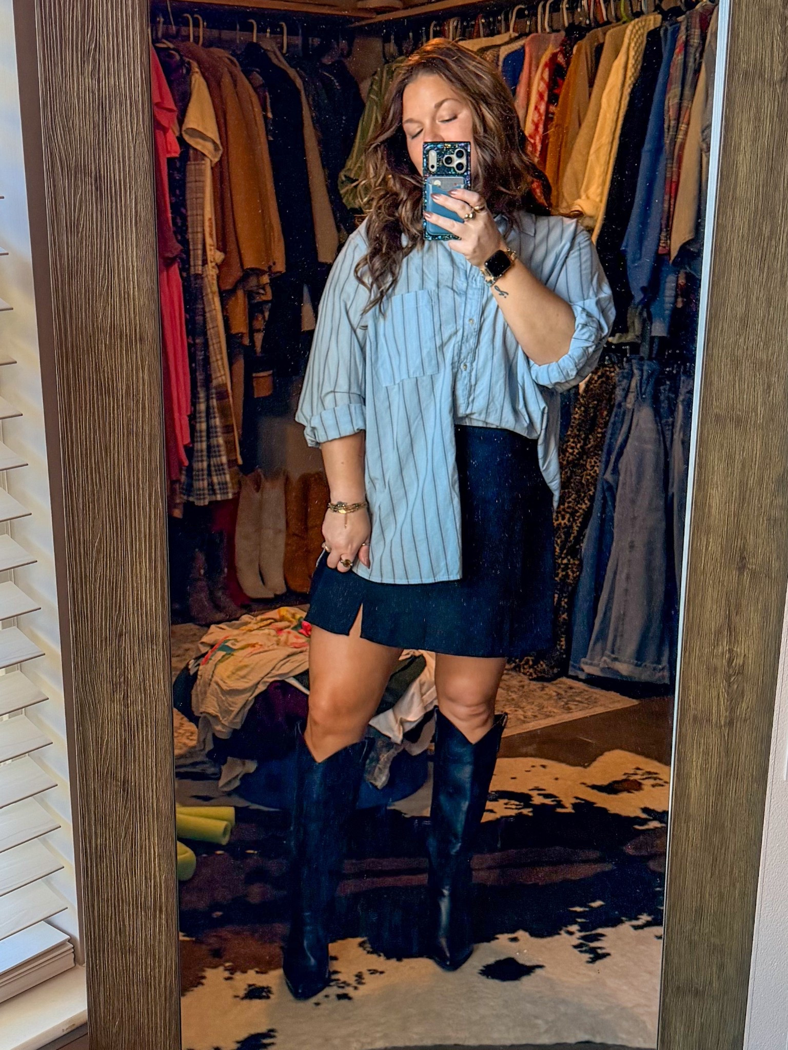 Oversized Blue Stripe Button Down: 2XL
Basic Black Skirt: TTS
Knee High Black Boots: TTS

#LTKFindsUnder100 #LTKWorkwear #LTKootd