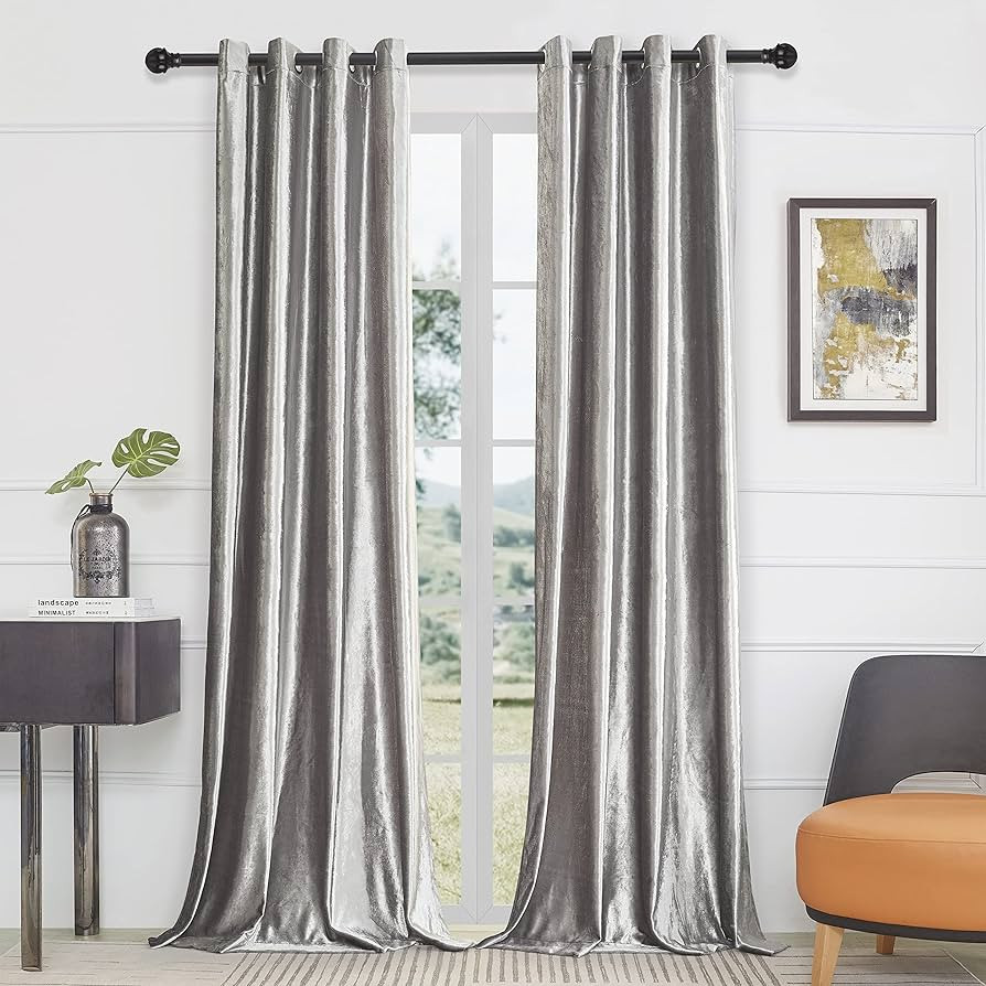 BULBUL Silver Grey Curtains 95 inch Length- Living Room Velvet Blackout Window Drapes Thermal Ins... | Amazon (US)