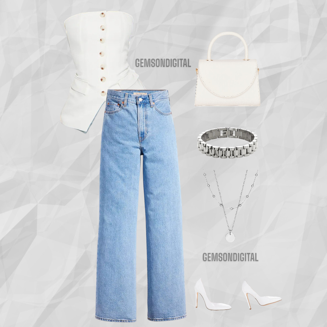 Cute Date Night/GNO Outfit | Tailored Sleeveless Top, Wide Leg Light Wash Jeans, White Pumps, Silver Jewelry  

 #LTKSaleAlert #LTKParties #LTKStyleTip