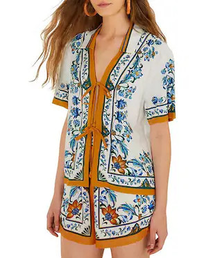 Farm Rio Flora Tile Linen Blend Off White Print Blouse | Dillard's | Dillard's