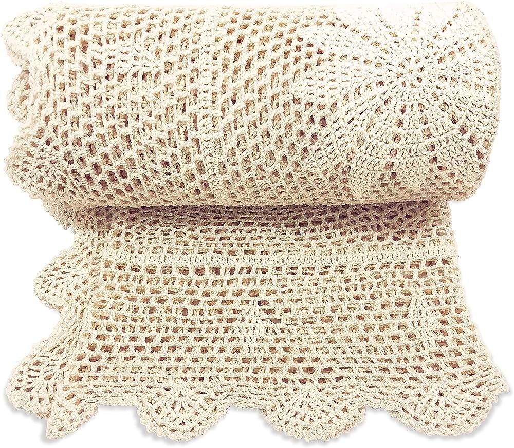 Boho Throw Blanket, 50"x60", 100% Hand Knitted Crochet Throw Blankets,100% Cotton Knit Beige Thro... | Amazon (US)