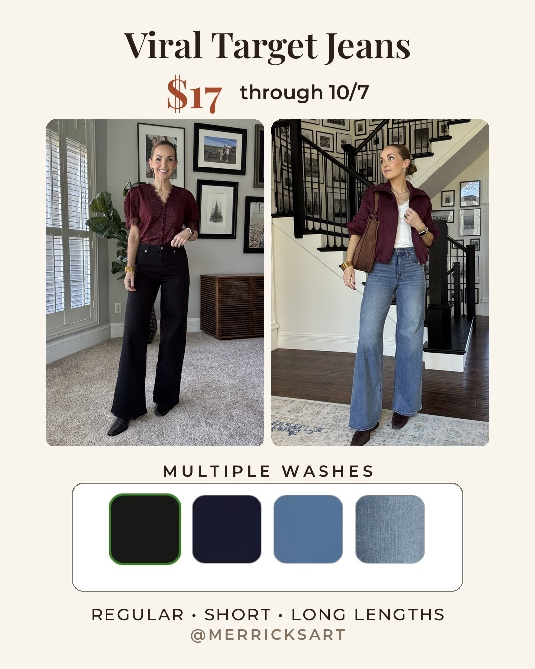 @Target jeans you’ll wear over and over are only $17! Come in multiple washed and multiple lengths! I am in a size 6 in the black for a loser fit and a size 4 in the blue
