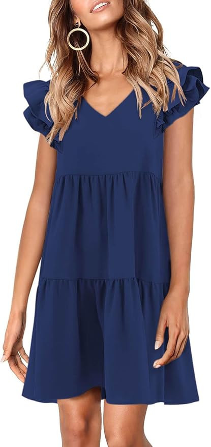 Zwurew Summer Babydoll Dresses for Women 2026 Cute Ruffle Cap Sleeve V-Neck Flowy Swing Mini Dres... | Amazon (US)