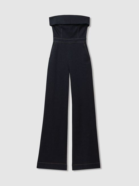 Denim Strapless Wide Leg Jumpsuit in Indigo | Reiss UK