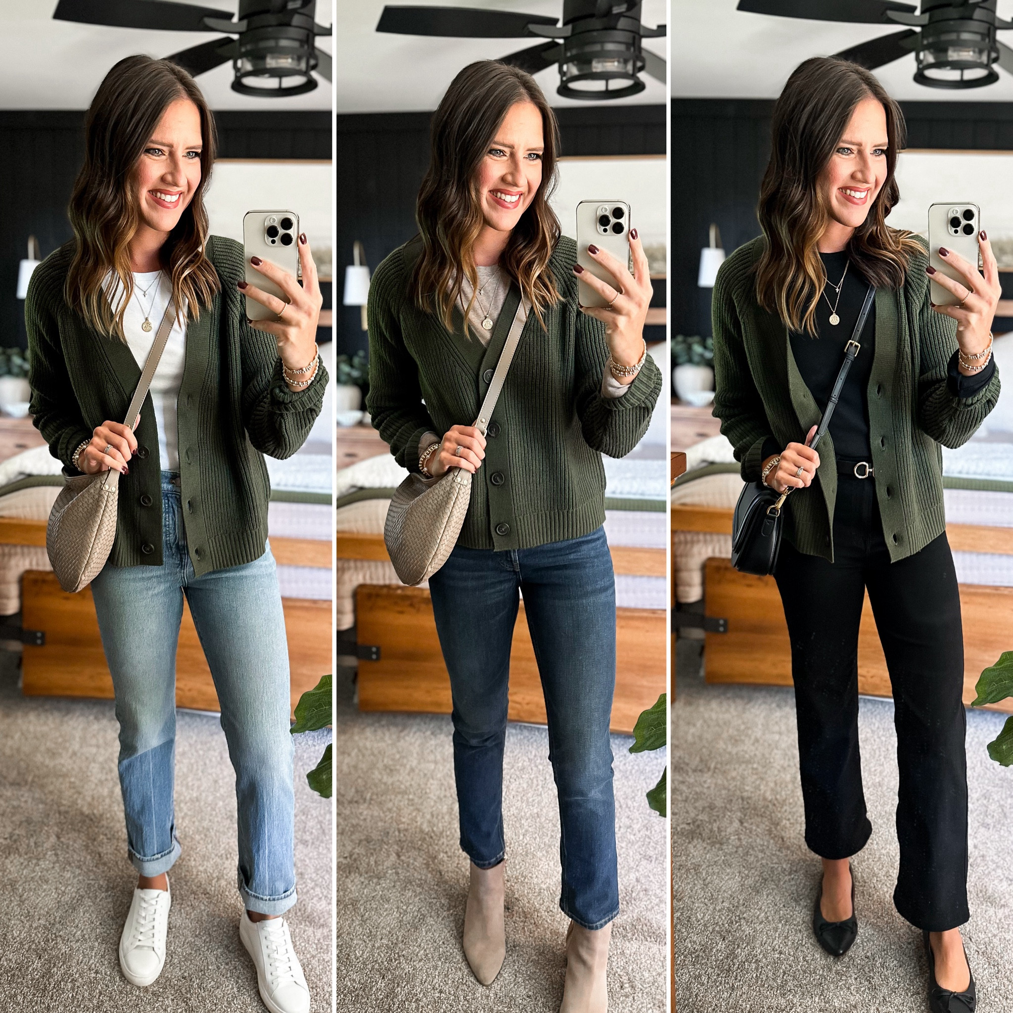 Fall Capsule Wardrobe - Green Cardigan 

Green cardigan - small tall 
White tee - small tall 
Light wash jeans - size down, I’m in a size 25 
Taupe long sleeve - small tall 
Dark wash jeans - size 26 
Black long sleeve - small 
Black jeans - size 26 


#LTKFindsUnder100 #LTKFindsUnder50 #LTKStyleTip