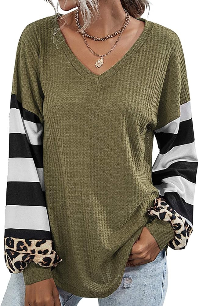 Youdiao Womens V Neck Tops Long Sleeve Shirts Waffle Knit Blouse Casual Loose Oversized Pullover Swe | Amazon (US)