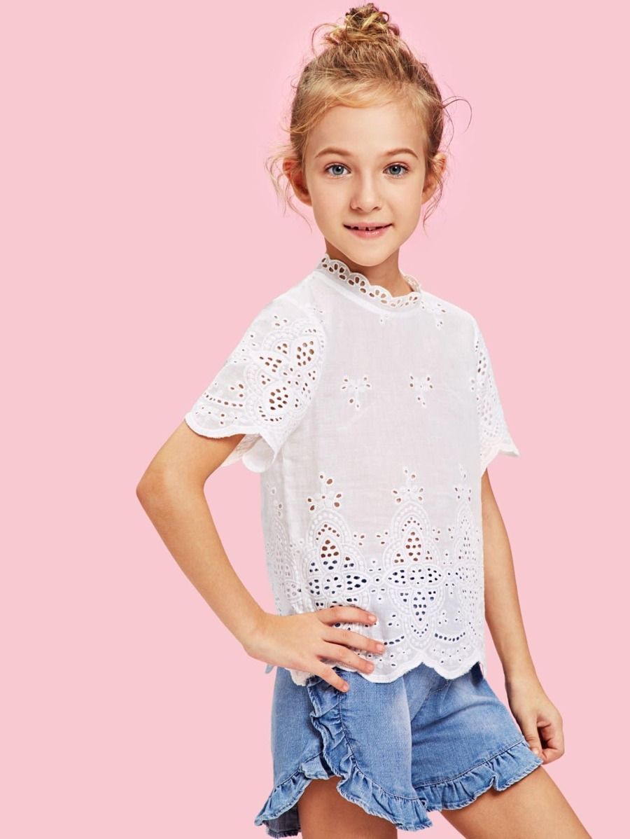 Girls Cut Laser Embroidered Button Back Top | SHEIN