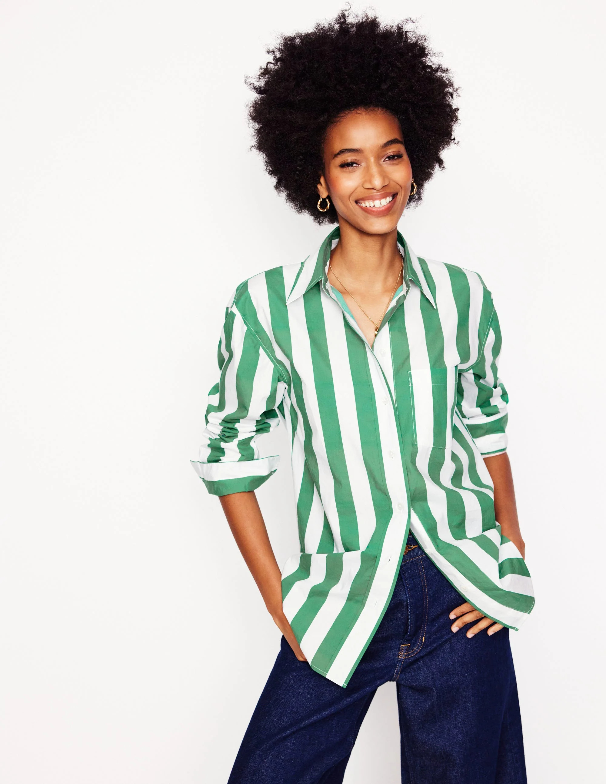 Sadie Relaxed Cotton Shirt-Rich Emerald Wide Stripe | Boden (US)
