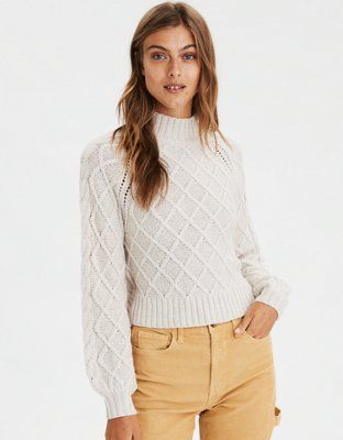 AE Mock Neck Cable Knit Sweater | American Eagle Outfitters (US & CA)