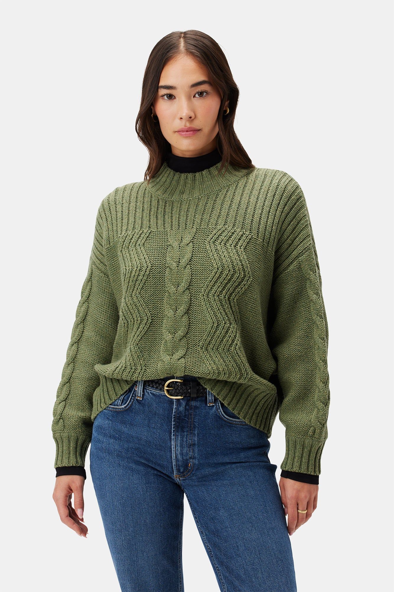 Cameryn Cable Knit Wool Sweater - Olive | Amour Vert