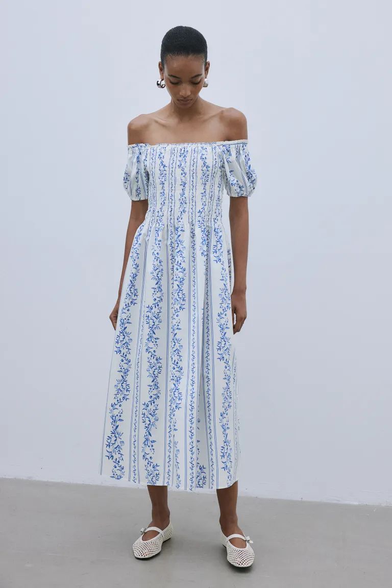 Off-the-shoulder Poplin Dress - White/blue floral - Ladies | H&M US | H&M (US + CA)