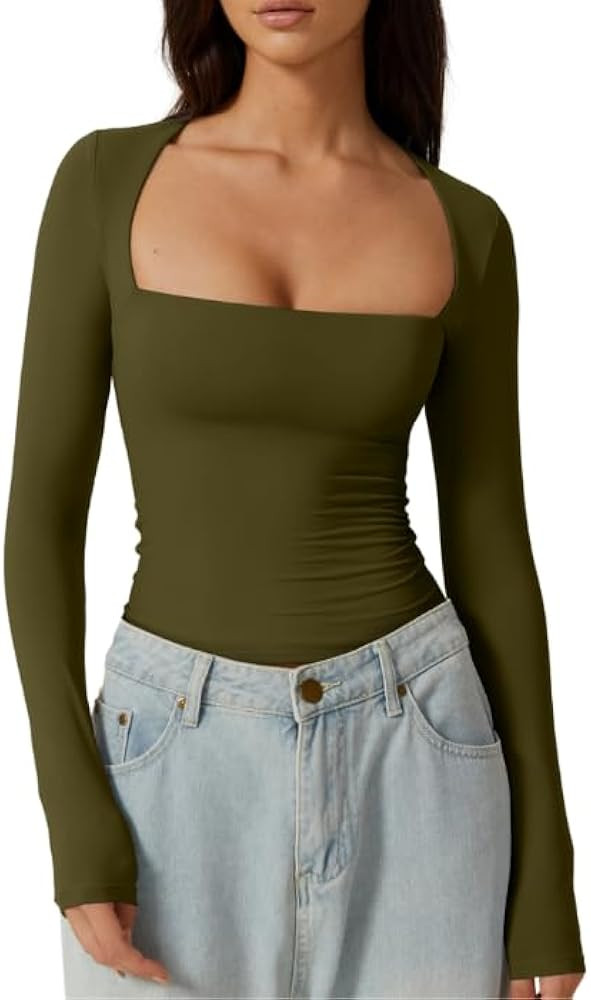 QINSEN Women's Sexy Square Neck Shirt Long Sleeve Double Lined Tees Fitted Going Out Tops | Amazon (US)
