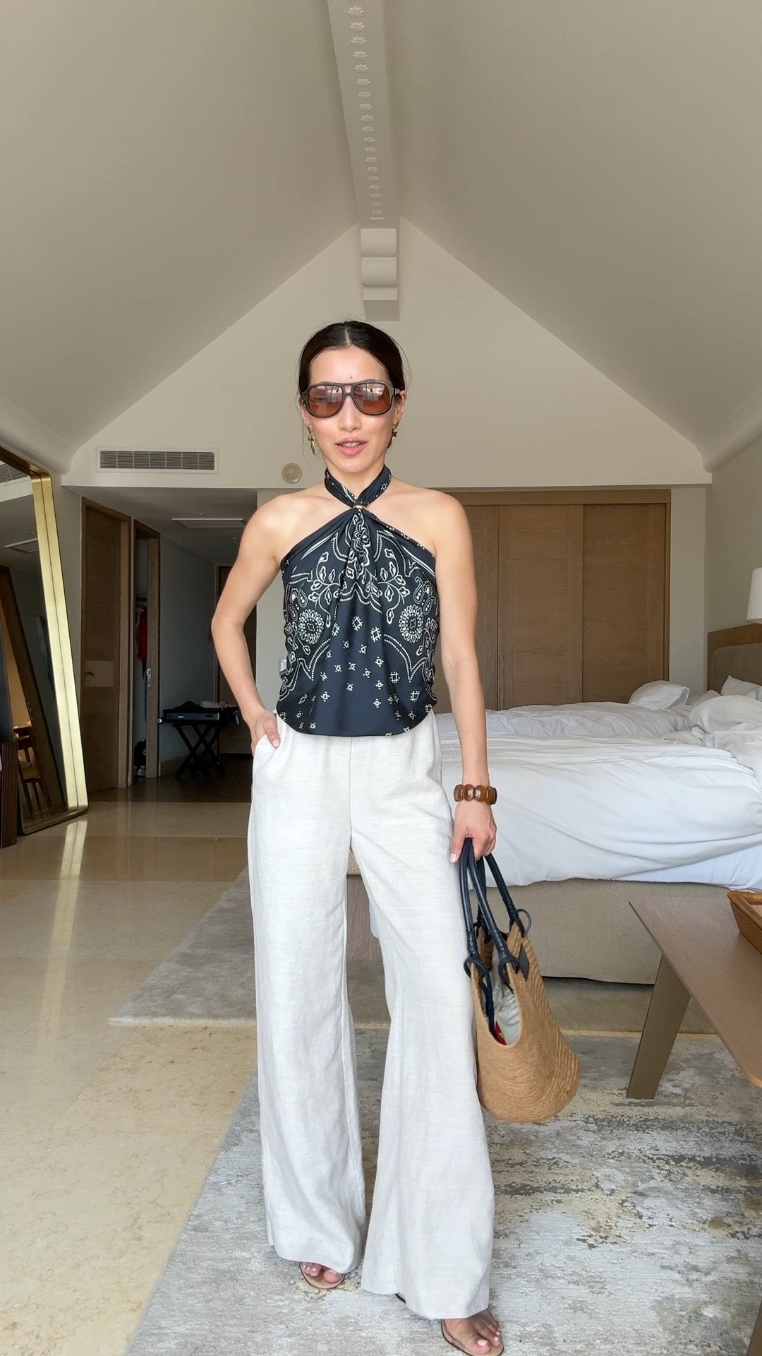 Sizing info below!
• Aritzia linen blend pants xxs regular (length shrinks 1-2” in washer and low heat dryer). 
Still long on me after shrinking. The short length fits me better and can even be worn with flats after shrinking ( I got these in regular before short was available )￼
• Madewell medium silk bandana worn as top using a ring 
• Amazon bandeau 
• Schutz sandals 5.5 very comfy with low stacked heel 
• sezane tot
• Madewell sunglasses

Petite friendly vacation outfit, family vacation, resort look

#LTKSeasonal #LTKTravel #LTKPetite