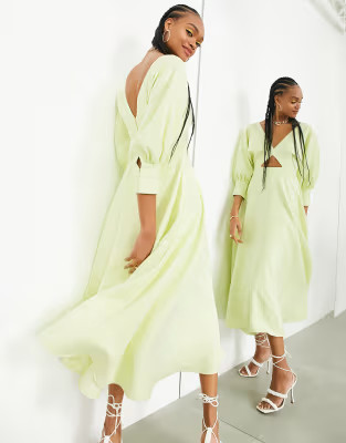ASOS EDITION blouson sleeve midi dress in texture in lemon | ASOS (Global)
