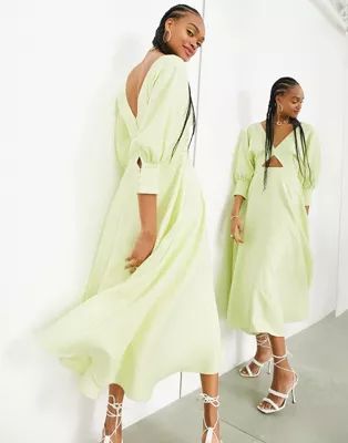 ASOS EDITION blouson sleeve midi dress in texture in lemon | ASOS (Global)
