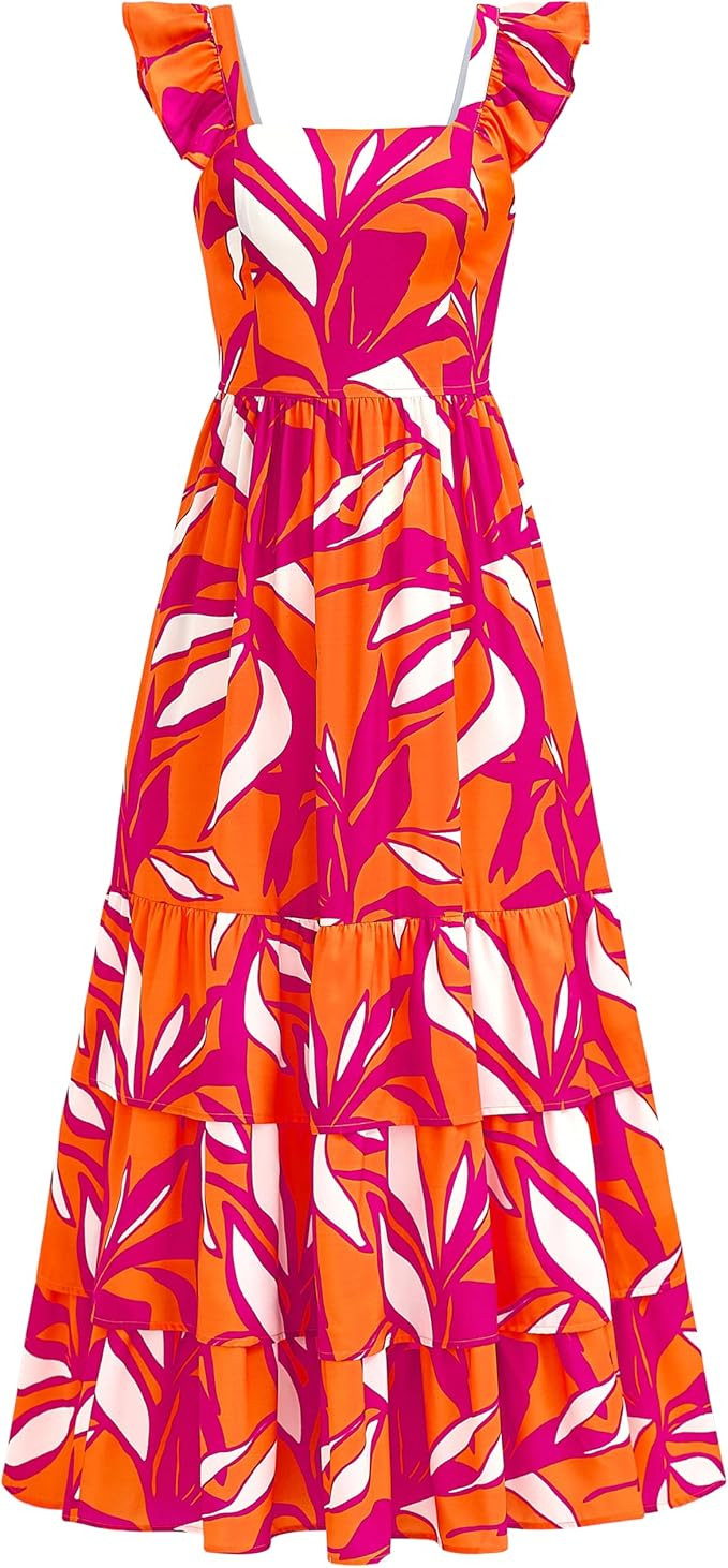 dowerme Summer Dresses for Women 2026 Casual Ruffle Smocked Tiered A-Line Boho Floral Maxi Beach ... | Amazon (US)