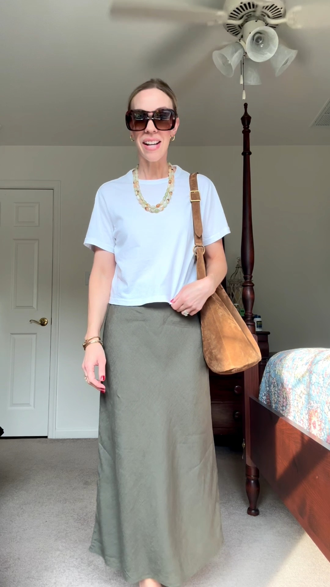 Casual summer outfit over 40, transitional summer to fall style, @Quince linen maxi skirt, suede YSL bucket bag

#LTKootd #LTKdayinmylife #LTKOver40