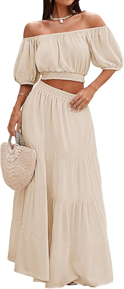 HUUSA 2026 Summer 2 Piece Boho Outfits for Women Short Sleeve Off Shoulder Crop Top and High Wais... | Amazon (US)