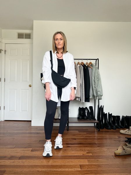 Spring outfit. Spring outfit idea. Vacation outfit. Summer casual. Summer outfit. White button down. Leggings. Leggings outfit. Sneakers. Bum bag. Mom outfit.

#LTKfindsunder100 #LTKfindsunder50 #LTKSeasonal