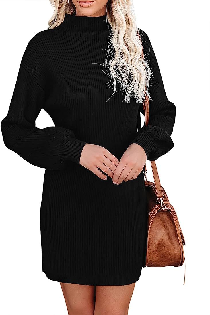 Caracilia Women's Turtleneck Sweater Dress Puff Long Sleeve Ribbed Knit Mini Dress | Amazon (US)