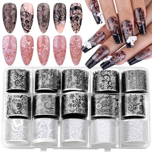 Lace Nail Foil Transfer Sheets, 15 Rolls Black White Flower Nail Art Transfer Foils Decals, Flower Nail Art Foils Decals Holographic Foils for Nails Manicure DIY Nails Decoration (10Black+5White) | Amazon (US)