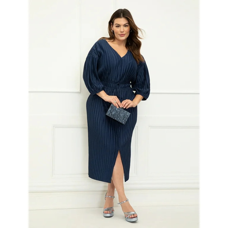 ELOQUII Elements Women's Plus Size Puff Sleeve Plisse Dress | Walmart (US)