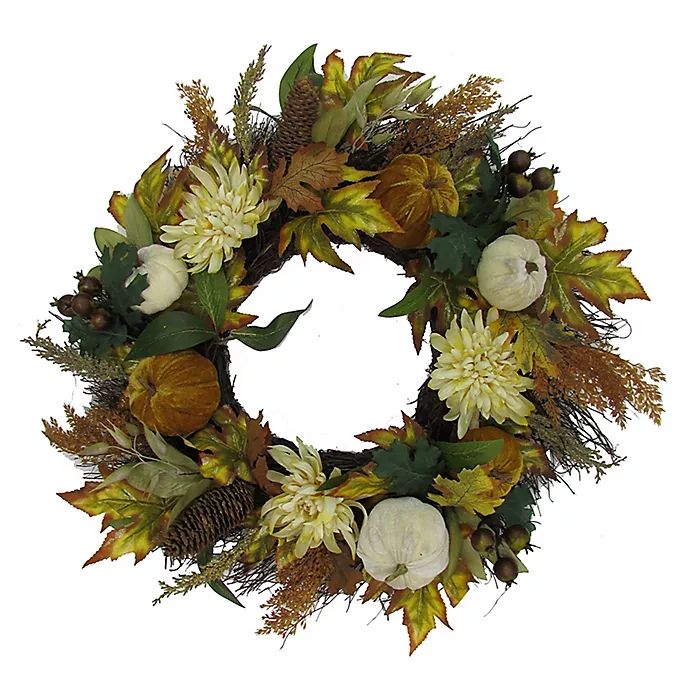 24-Inch Mums and Pumpkins Maple Leaf Wreath | Bed Bath & Beyond | Bed Bath & Beyond