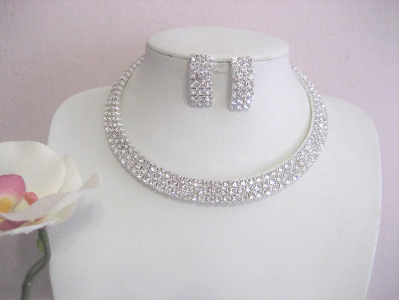 Rhinestone Choker, Necklace Earring Set, 3 Rows, Bridal, Prom, Wedding, Accessories - Etsy | Etsy (US)