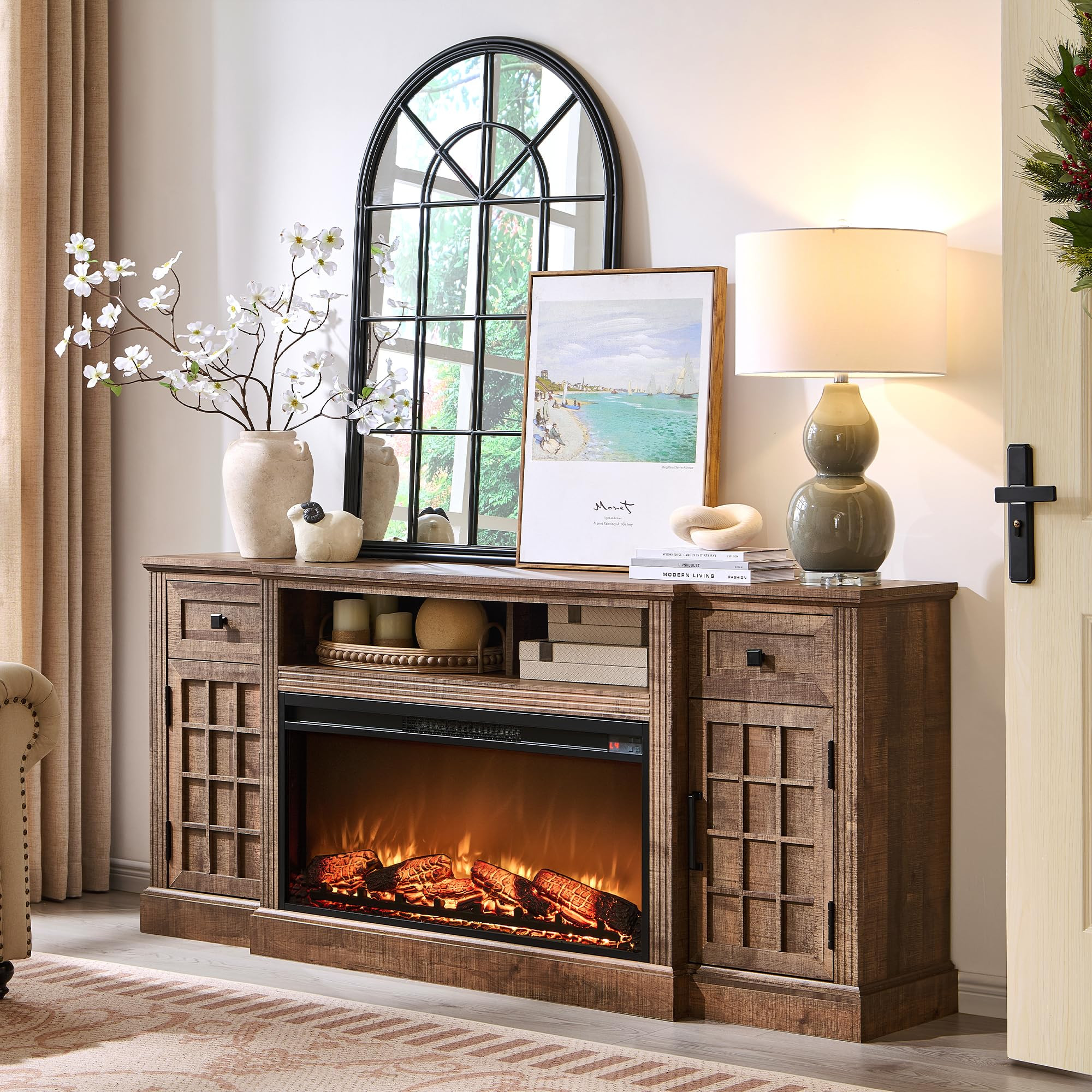 JXQTLINGMU TV Stand with Fireplace for up-to-80 TV, Farmhouse 70" Entertainment Center with 36" E... | Amazon (US)