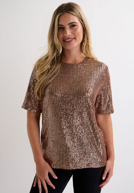 Womens Gold Sequin Short Sleeve Top | Peacocks