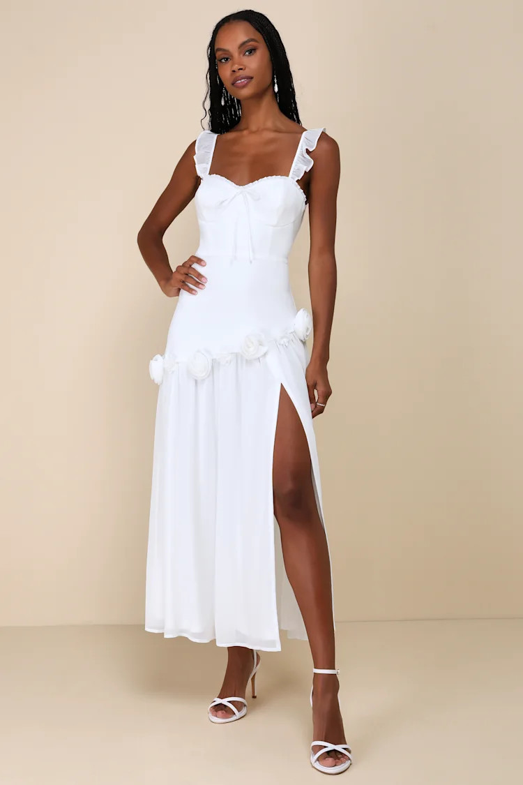 Romantic Attitude White Chiffon Rosette Drop Waist Maxi Dress | Lulus