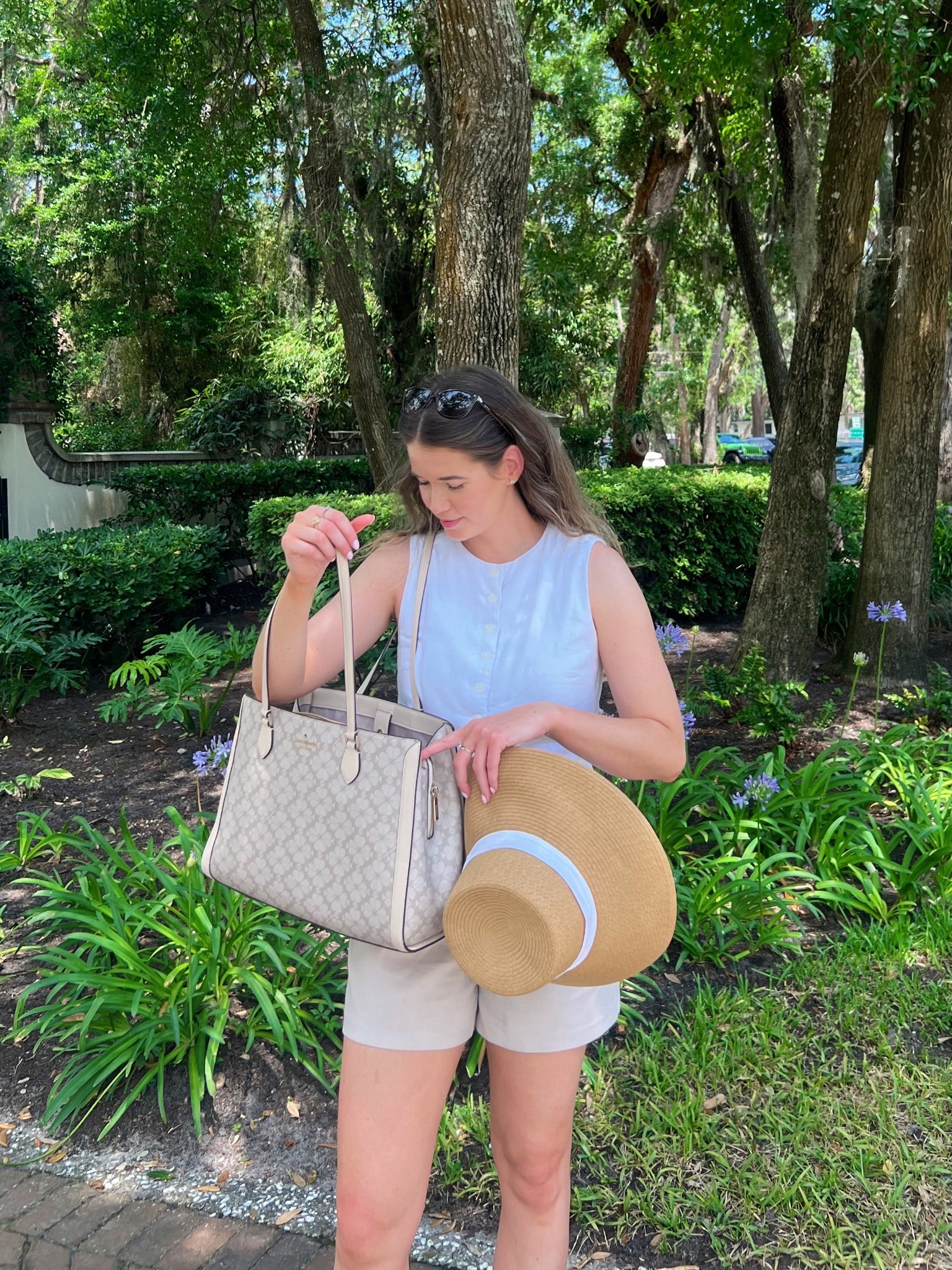 casual outfit for lunch & shopping at the beach 

(related search: neutral tote bag, neutral purse, Kate Spade, high neck white vest top, neutral long shorts, high rise tailored shorts, beach hat, pool hat)



#LTKTravel #LTKSeasonal #LTKSummerEdit