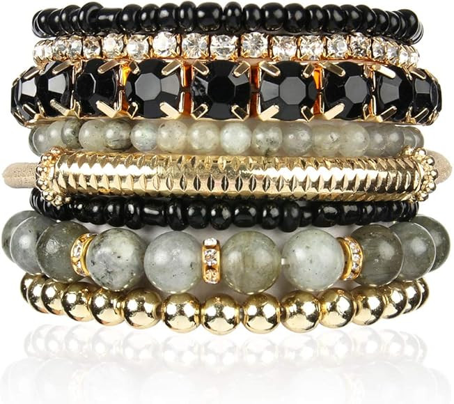 RIAH FASHION Multi Color Stretch Beaded Stackable Bracelets - Layering Bead Strand Statement Wrap Ba | Amazon (US)