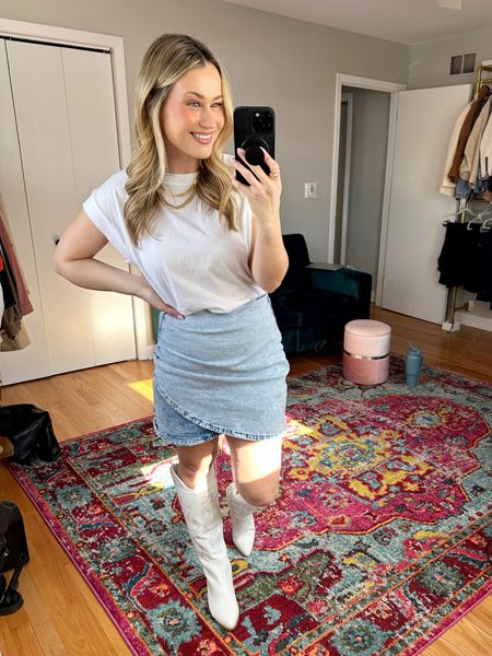 Casual outfit idea! White shirt is the best everyday T-shirt and only $10! Skirt and boots are amazon fashion finds and I linked my gold necklaces 

#LTKunder50 #LTKshoecrush #LTKsalealert