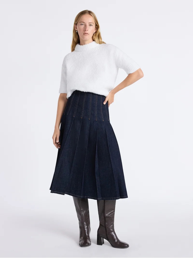 Free Assembly Women's and Women's Plus Stitched Pleat Denim Maxi Skirt, Sizes 0-28W | Walmart (US)