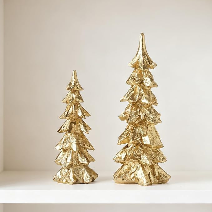 2Pcs Gold Christmas Tree Figurines, Resin Christmas Trees with Weathered Finish, Small Decorative... | Amazon (US)