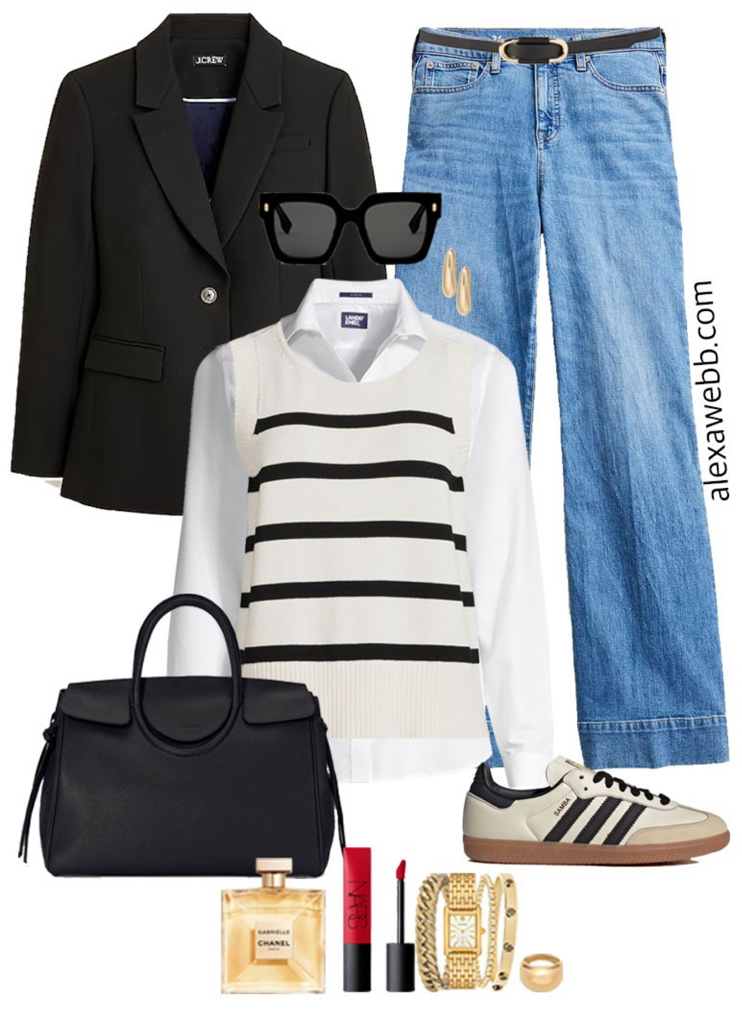 Plus Size Striped Sweater Vest Outfits - A plus size casual outfit for winter into spring with a striped sweater vest, black blazer, flare jeans, and adidas sneakers. Alexa Webb #plussize

#LTKStyleTip #LTKPlusSize #LTKSeasonal