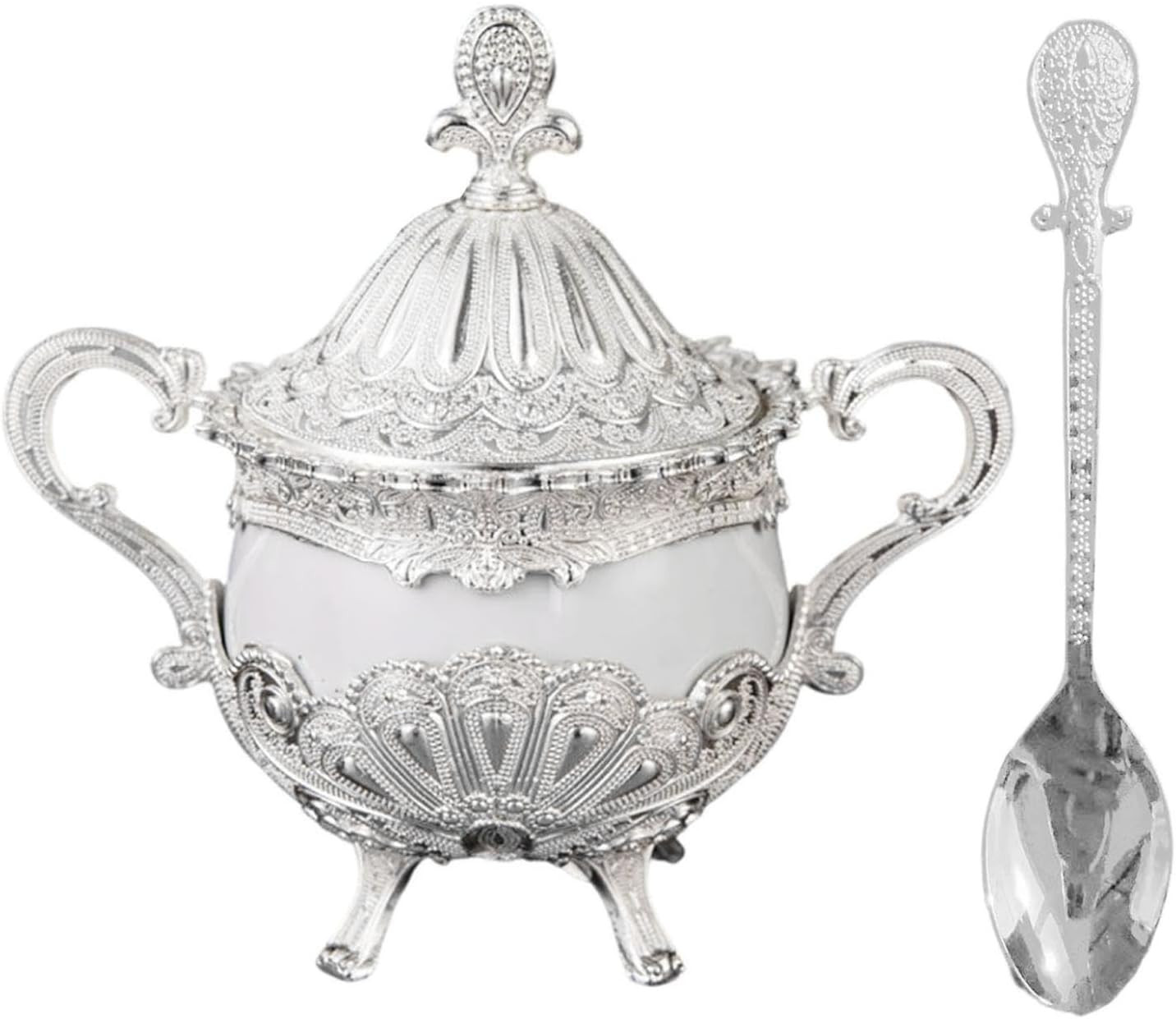 Vintage Embossed Sugar Bowl with Ceramic Inner Pot,Metal Lid & Spoon,Silver | Amazon (US)