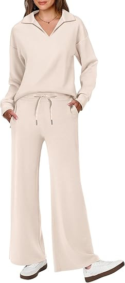 ANRABESS Women's 2 Piece Outfits Lounge Sets Casual Long Sleeve Sweatsuits Polo Top Wide Leg Pant... | Amazon (US)