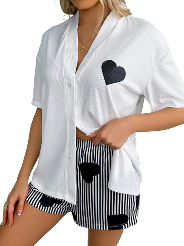 Verdusa Women's 2 Piece Heart Print Button Up Shirt and Striped Shorts Nightwear Pajama Sets | Amazon (US)