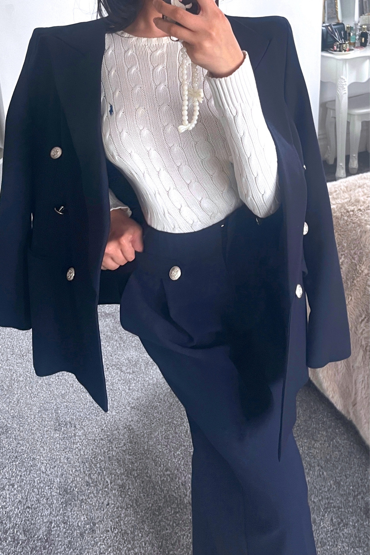 Workwear 
Suit 
Tailored blazer 
Tailored navy blue blazer 
Tailored navy blue pants 
Ralph Lauren jumper 
Ralph Lauren sweatshirt 
Formal wear 
Office outfits 

#LTKstyletip #LTKmodest