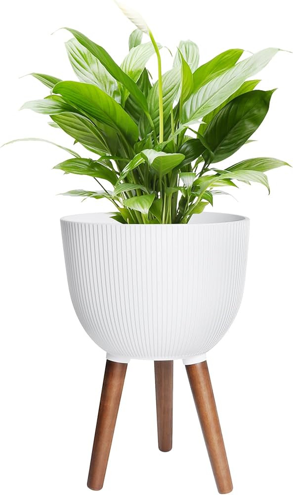 10 Inches Plant Pot with Legs, Modern White Flower Pots with Wood Stand, Large Mid Century Standi... | Amazon (US)