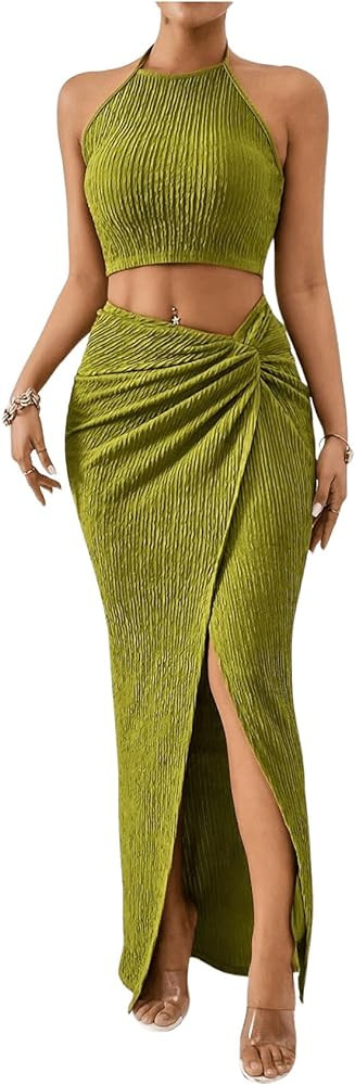 Women's 2 Pieces Outfit Textured Halter Crop Top and Twist Front Split Thigh Maxi Skirt Set | Amazon (US)