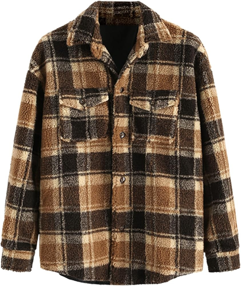 ZAFUL Men's Fleece Jacket Plaid Flannel Shirts Button Down Jackets for Men Flap Pocket Winter Coa... | Amazon (US)